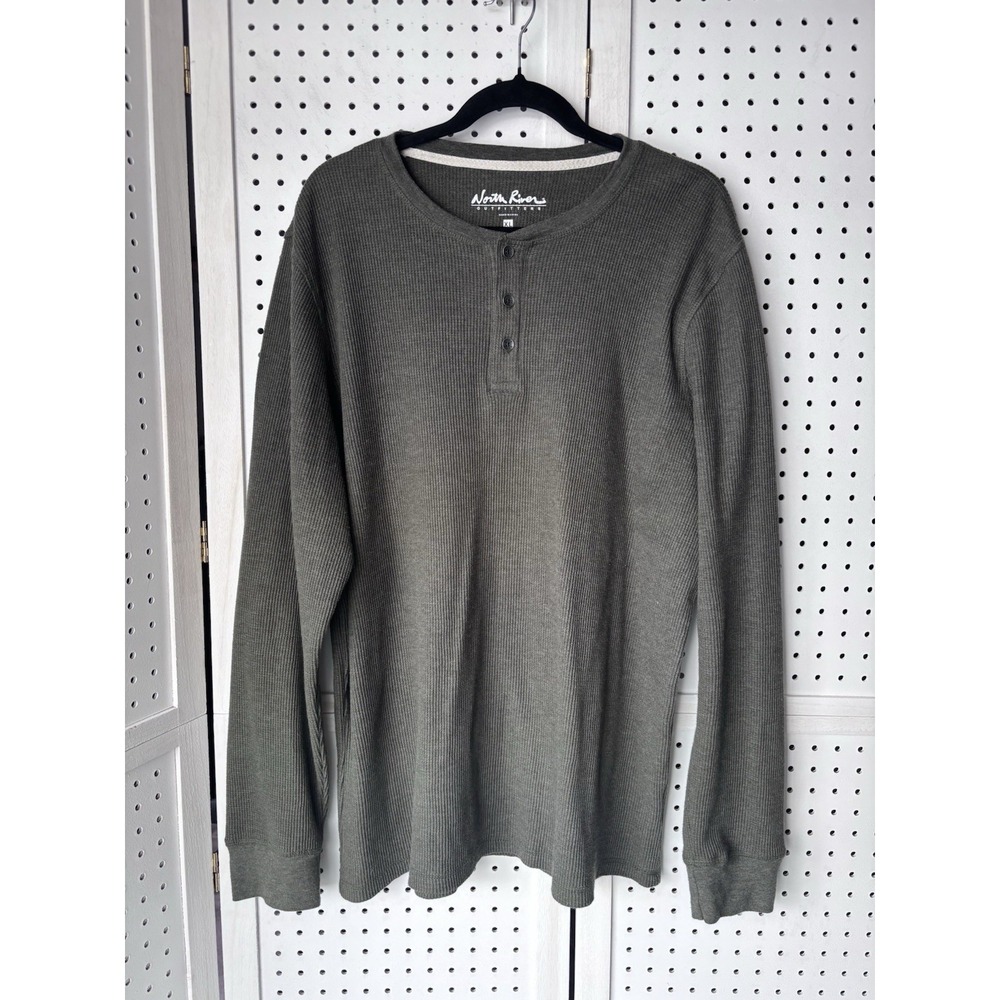 North River Outfitters Mens XL Green Long SLV Cotton Henley Shirt Waffle Thermal